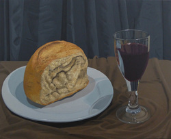 Bread, wine, food, plate. glass