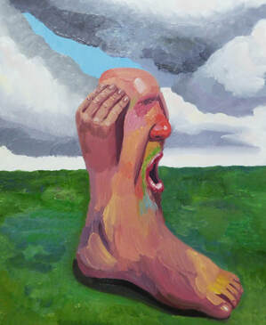 A painting of a foot and leg with a face and hands protruding from it.